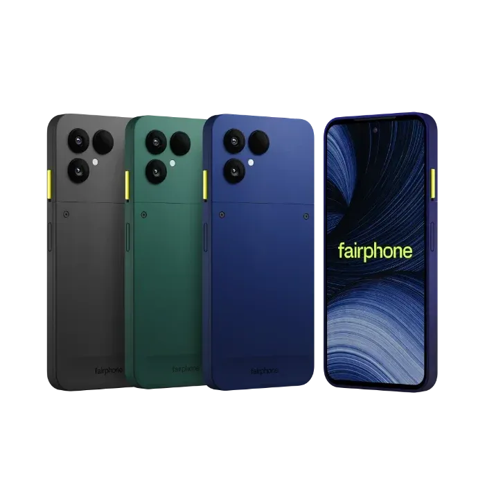 Das Fairphone Gen. 6+ in den Farben blau, schwarz und grün