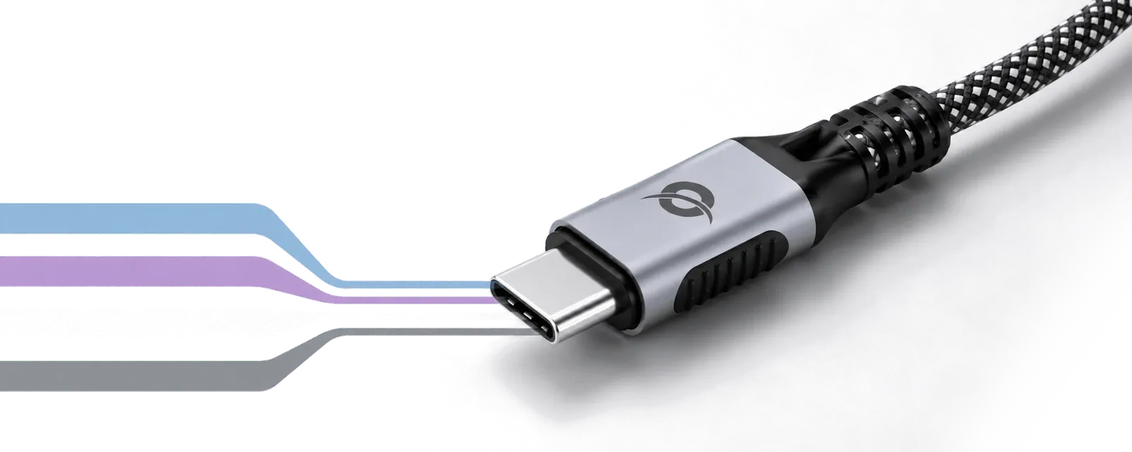 USB-C Kabel mit farbigen Datenstrom-Linien für Laden, Fotos, Dateien und Video