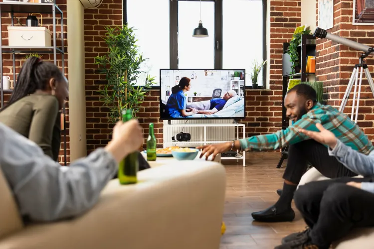 Drei junge menschen sehen in einem Wohnzimmer auf einen Fernseher aus jeweils unterschiedlichen Winkeln.