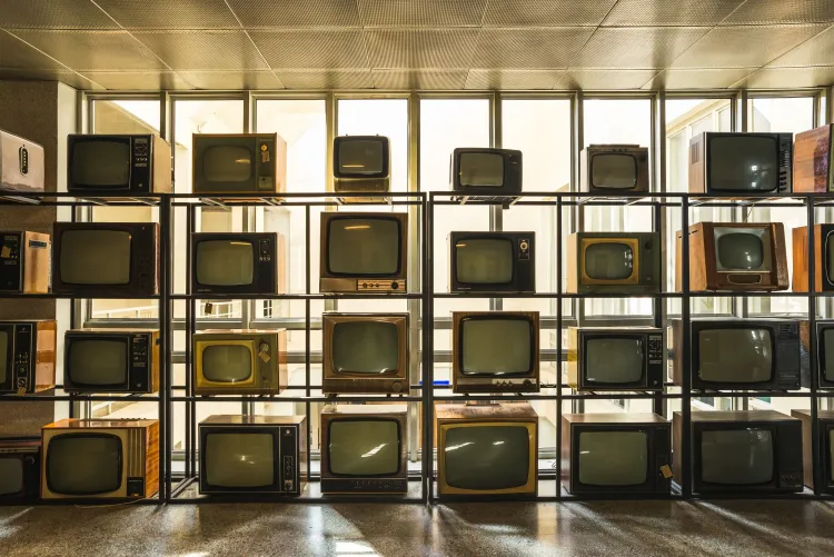 Alte Röhrenfernseher übereinander ausgestellt