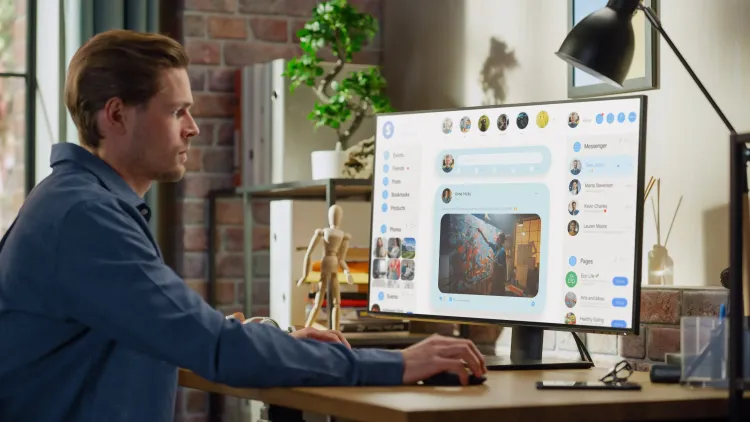 Jungek Mann nutzt Social Media am Monitor.