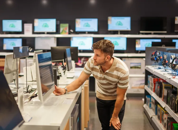 Junger Mann chaut sich Monitore im Fachhandel an.