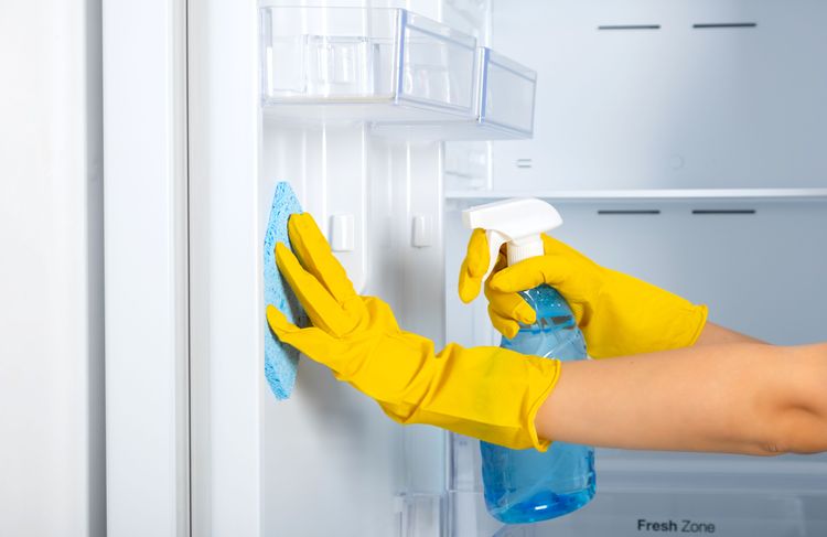 Hände in gelben Gummihandschuhen reinigen Kühlschranktür mit Schwamm und Sprühflasche