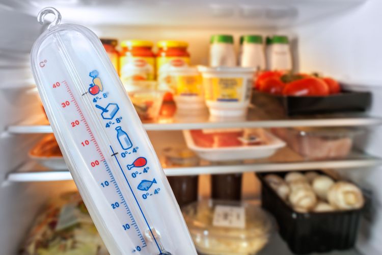 Thermometer vor offenem, gefüllten Kühlschrank