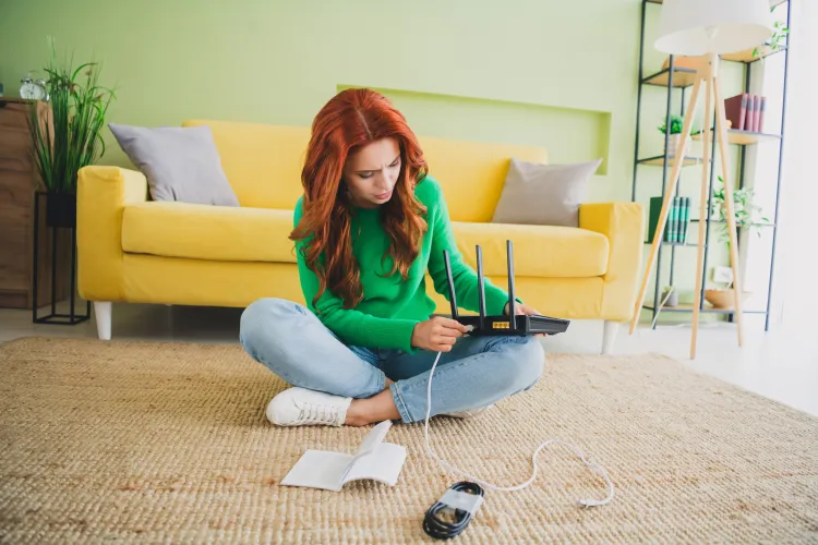 Junge Frau richtet einen WLAN-Router ein.