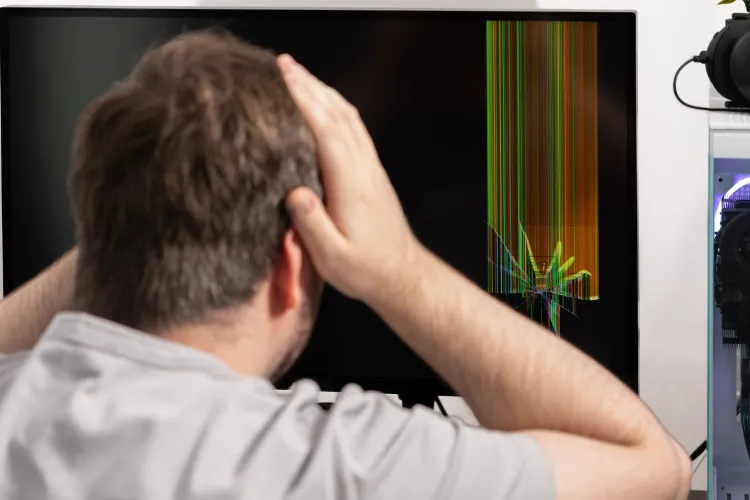 Mann sitzt vor einem beschädigten Monitor.