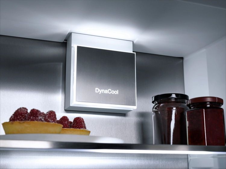 Kühlschrankinnenraum mit Lebensmitteln und "DynaCool"-Schild - so heißt dynamische Kühlung bei Miele