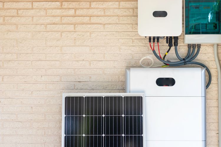 Stromspeicher, Wechselrichter und Solarmodul vor einer Ziegelwand