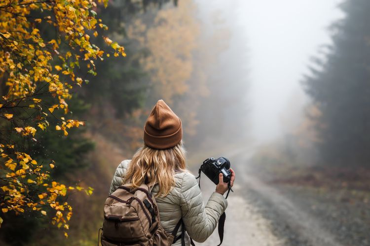 Rückansicht einer Fotografin, die mit Rucksack und Kamera durch einen Herbstwald wandert