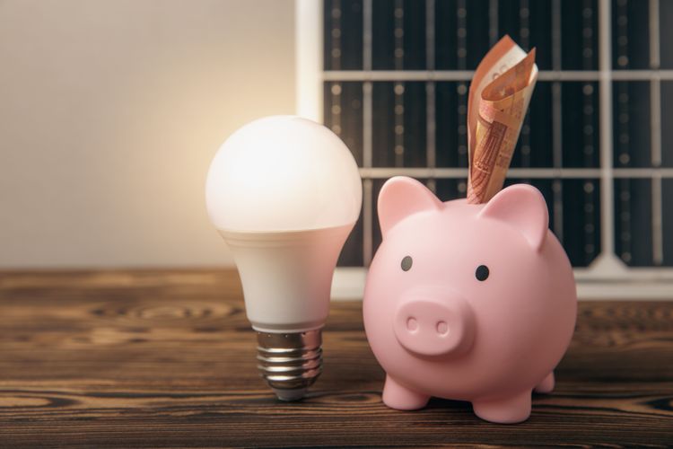 Sparschwein mit Geldschein neben einer LED-Lampe im Hintergrund ein Solarpanel