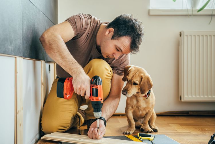 Mann dreht Schrauben rein und Hund sieht zu
