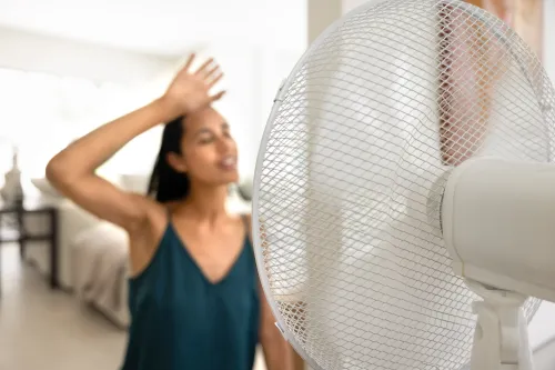 Frau genießt Luftstrom vor Ventilator