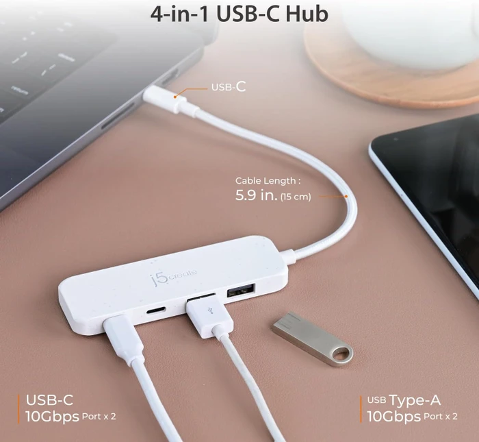 j5create Eco-Friendly 4-in-1 USB-C Hub blau, 2x USB-A 3.1, 2x USB-C 3.1, USB-C 3.1 [Stecker]