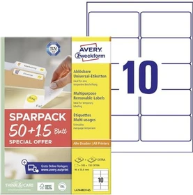 Avery-Zweckform Etiketten, 96x50.8mm, ablösbar, weiß, 65 Blatt (650 Etiketten)