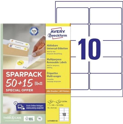 Avery-Zweckform Etiketten, 96x50.8mm, ablösbar, weiß, 65 Blatt (650 Etiketten)