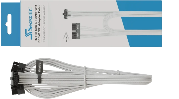 Seasonic 12VHPWR Cable, 600W PCIe 5.0 12VHPWR, 2x 8-Pin PCIe Stecker auf 16-Pin PCIe 5.0 12VHPWR Stecker, Adapterkabel, weiß, 90° gewinkelt, 75cm