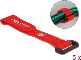 DeLOCK Klett-Kabelbinder mit Schlaufe und Befestigungsöse, 20mm, 150mm, rot, 5 Stück