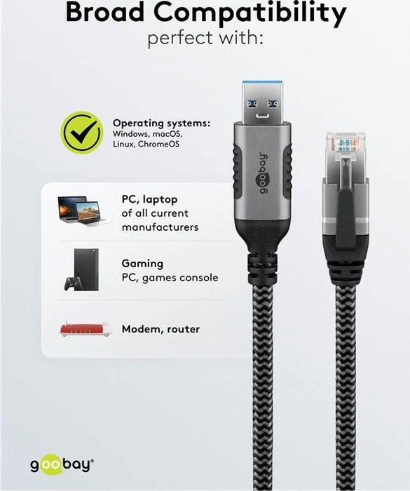 goobay CAT6 U/FTP 5m Ethernet-Kabel LAN-Adapter, RJ-45, USB-A 3.0 [Stecker]