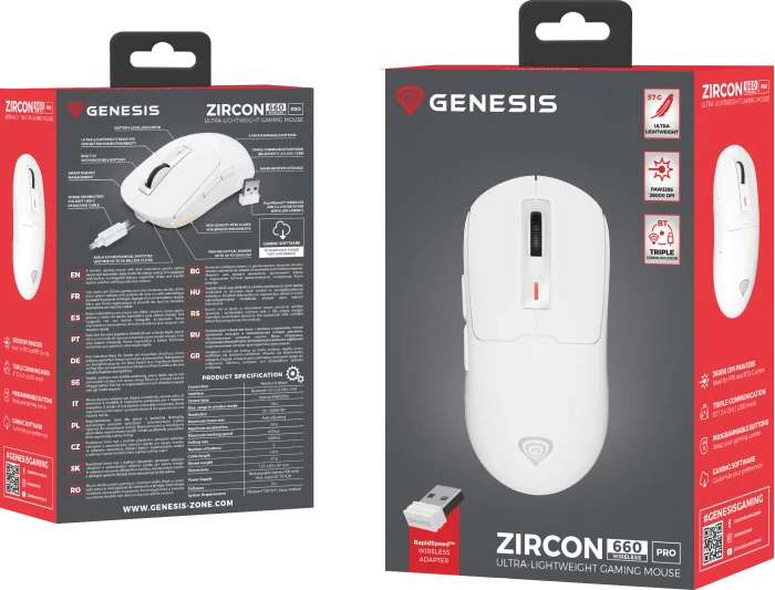 Genesis Zircon 660 Pro Wireless Ultra-Lightweigt Gaming Mouse weiß, USB/Bluetooth