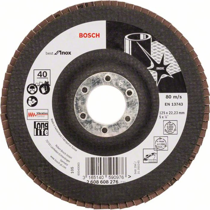 Bosch Professional X581 Best for Inox Fächerschleifscheibe gerade K40, 125x22.23mm, 1 Stück