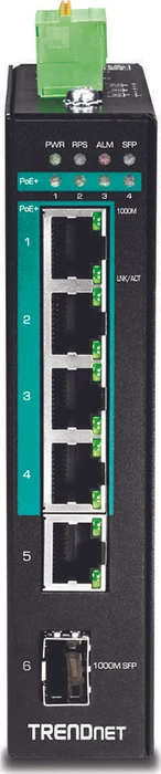 TRENDnet TI Hardened Industrial Railmount Gigabit Switch, 5x RJ-45, 1x SFP, 120W PoE+