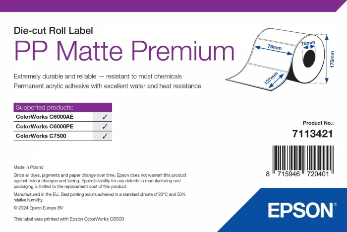 Epson Endlosetiketten PP Premium Matte Die-Cut Roll Label, 76x127mm, wetterfest, weiß, matt, 960 Etiketten