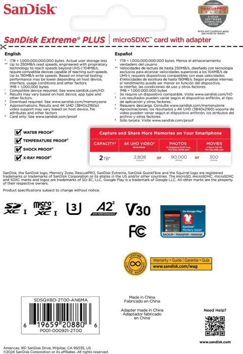 SanDisk Extreme PLUS R190 2TB Kit, UHS-I U3, A2, Class 10