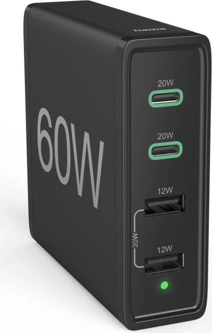 Hama Schnellladegerät 4 Ports 2x USB-C PD/QC 2x USB-A 60W schwarz