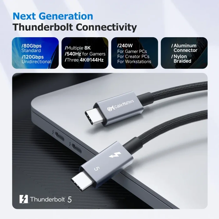 Cable Matters Thunderbolt 5 Kabel, 240W, schwarz, 0.5m (verschiedene Markenbezeichnungen)