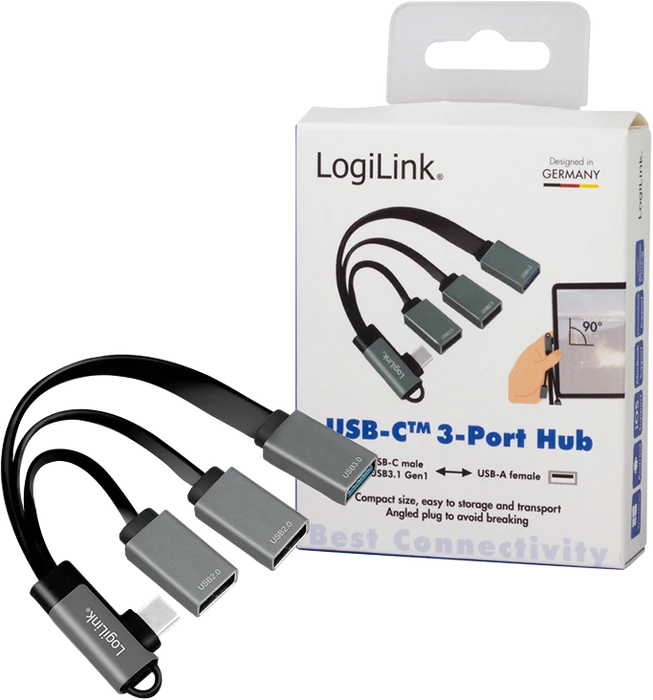 LogiLink Kabelpeitsche USB-Hub, 1x USB-A 3.0, 2x USB-A 2.0, 90° gewinkelt USB-C 3.0 [Stecker]