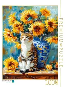 Calvendo Katze im Stillleben mit Sonnenblumen in Blumenvase im impressionistischen Stil