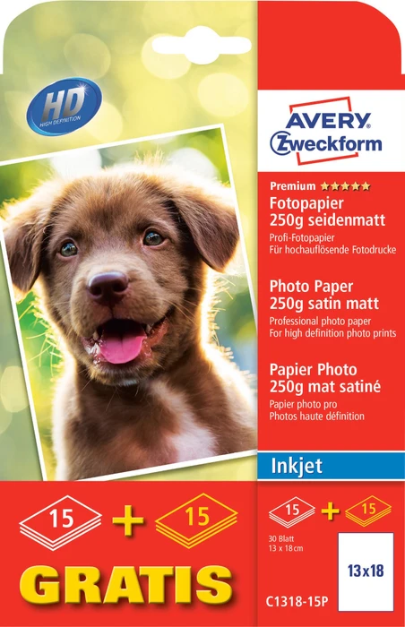 Avery-Zweckform Premium Inkjet Fotopapier seidenmatt weiß, 13x18cm, 250g/m², 30 Blatt
