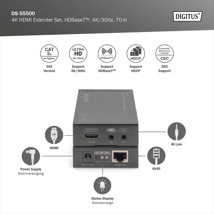 Digitus HDMI Extender Set Extender HDBaseT 1.0, 4K, 30Hz, Cat5e/6/6a/7/8, 40m