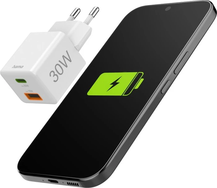 Hama Schnellladegerät 1x USB-C PD 1x USB-A QC Mini-Ladegerät 30W weiß