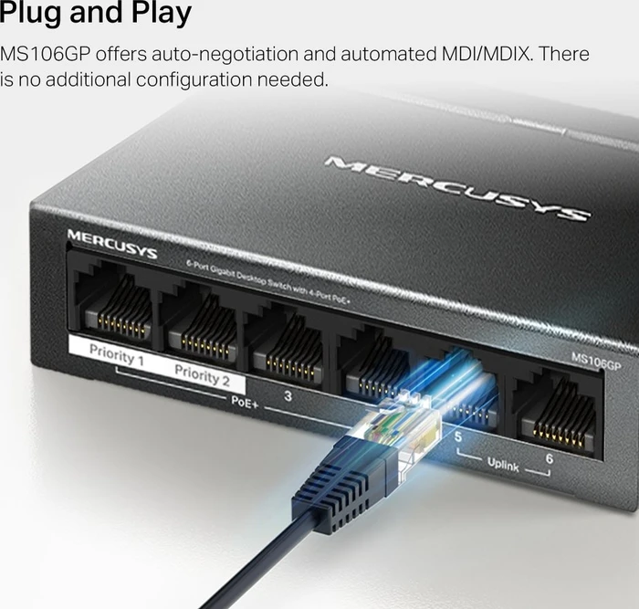 Mercusys Desktop Gigabit Switch, 6x RJ-45, 65W PoE+