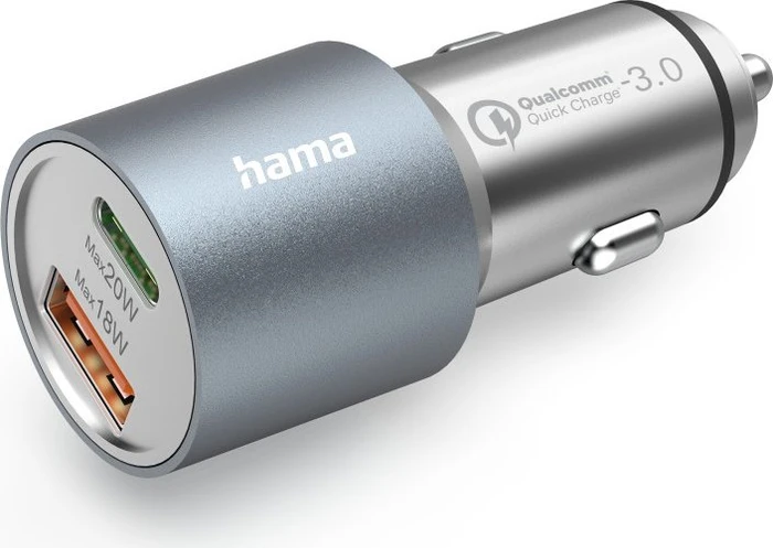 Hama Auto-Schnellladegerät 1x USB-C PD 1x USB-A QC 38W Metall silber