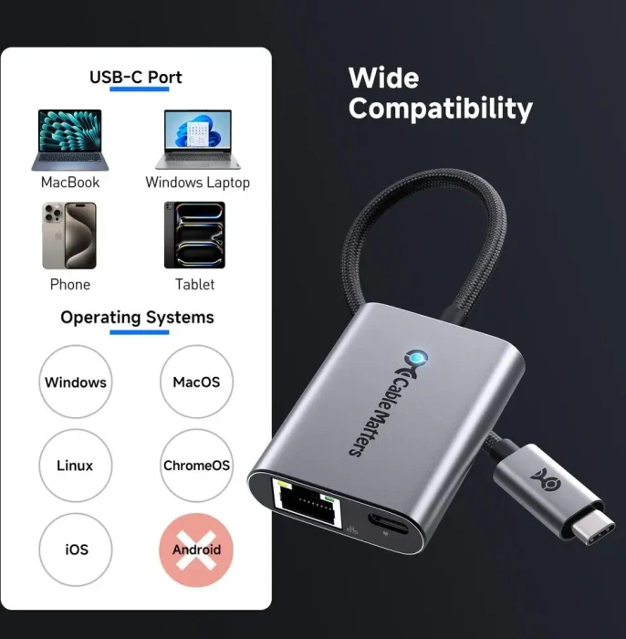 Cable Matters 2.5G LAN-Adapter mit 140W Power Delivery, RJ-45, USB-C 3.0 [Stecker]
