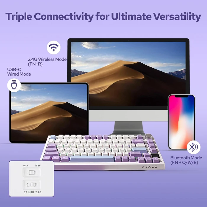 Ajazz AK820 Pro Wireless, White Purple, LEDs RGB, hot-swap, Ajazz Flying Fish, USB/Bluetooth, US