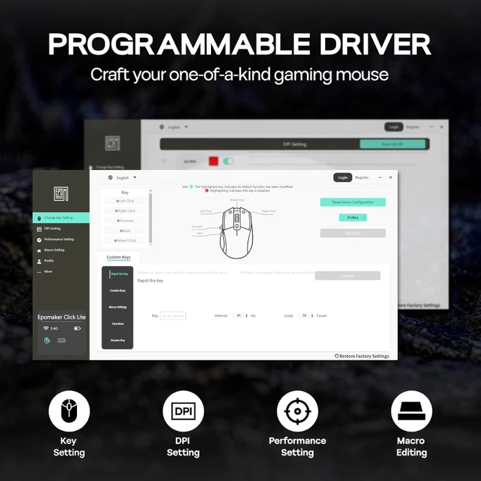 Epomaker Click Lite Wireless Gaming Mouse, schwarz, USB/Bluetooth