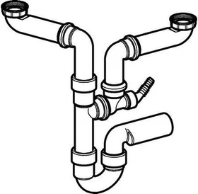 Geberit Rohrbogensiphon für zwei versetzte Spülbecken, mit Winkelschlauchtülle, Abgang horizontal, 50mm