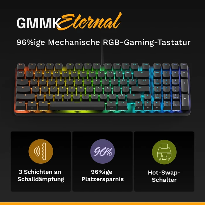 Glorious GMMK Eternal 96%, schwarz, LEDs RGB, Glorious Fox Linear, USB, US