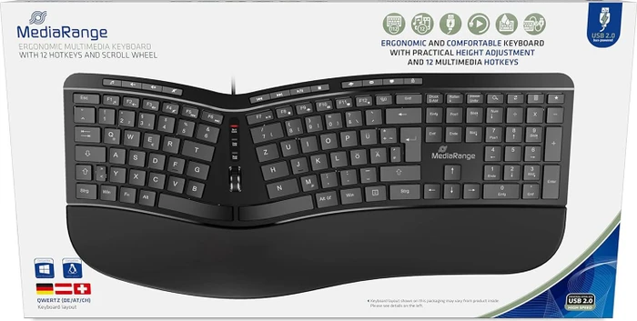 MediaRange Ergonomische Multimedia-Tastatur, schwarz, USB, DE