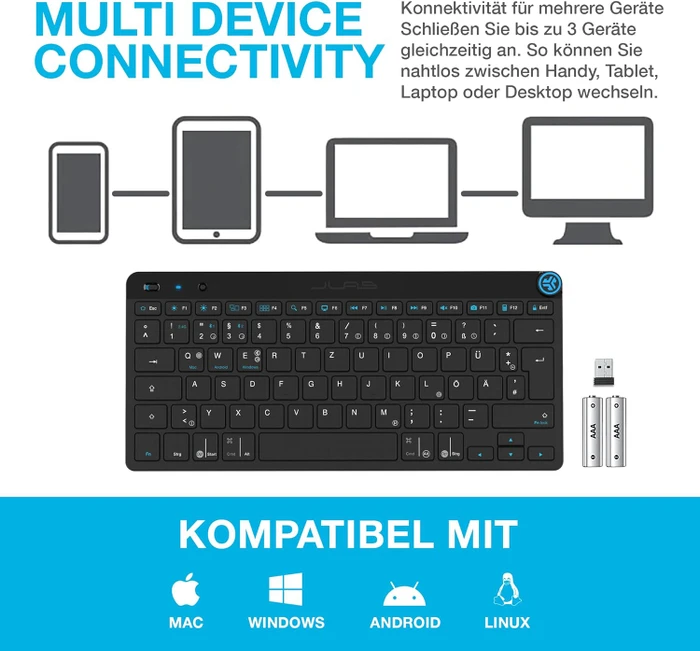 JLab Epic Wireless Keyboard, schwarz, USB/Bluetooth, DE