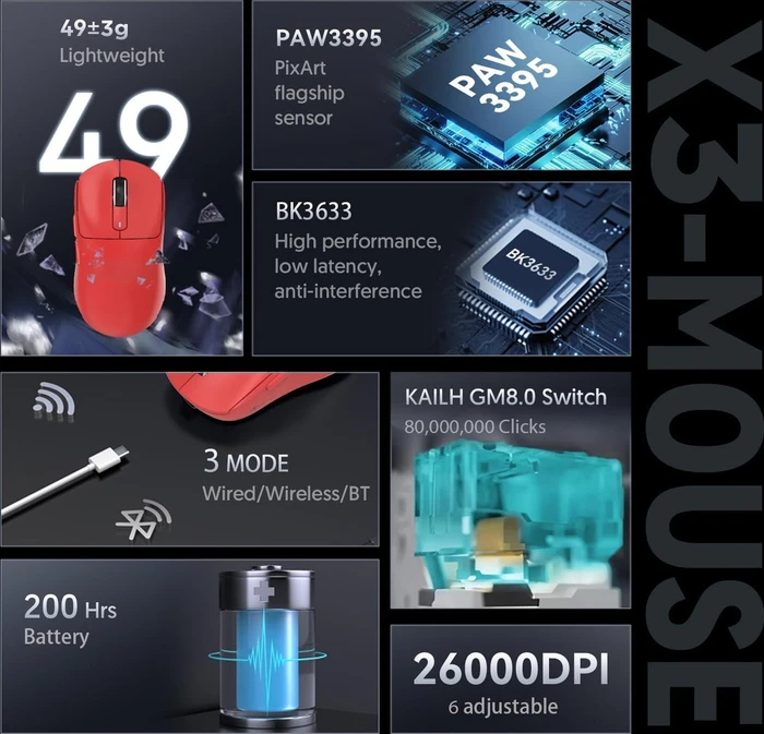 Attack Shark X3 Wireless Gaming Mouse rot, USB/Bluetooth
