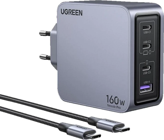 Ugreen Nexode Pro 160W USB-C Ladegerät 4-Ports Mini GaN Schnellladegerat schwarz/grau