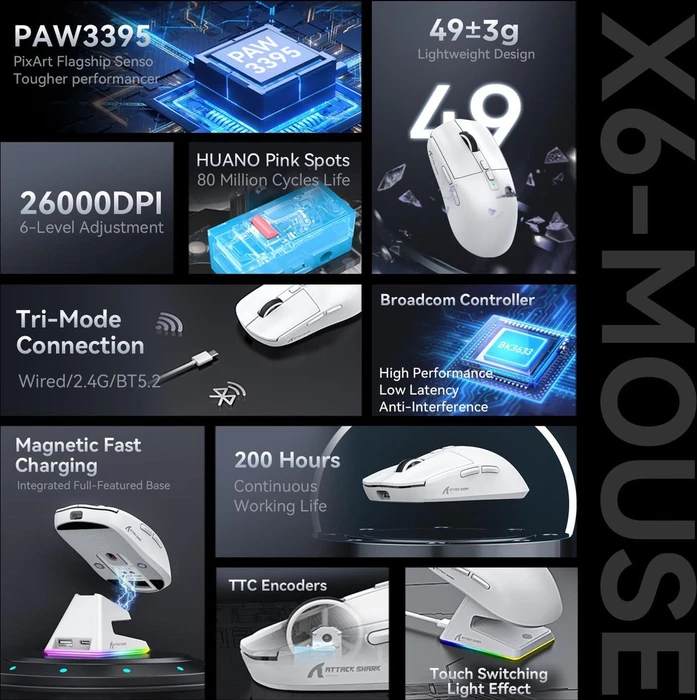 Attack Shark X6 Wireless Gaming Mouse schwarz, USB/Bluetooth
