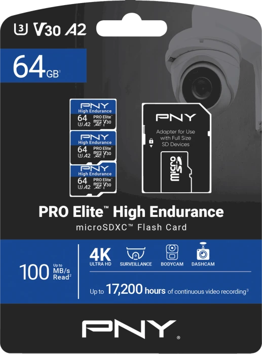 PNY Pro Elite High Endurance R100 64GB Kit, UHS-I U3, A2, Class 10, 3er-Pack