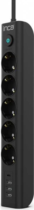 Inca IPW-44TU Steckdosenleiste mit Schalter, 5-fach, 3x USB-A/1x USB-C, 1.5m, schwarz