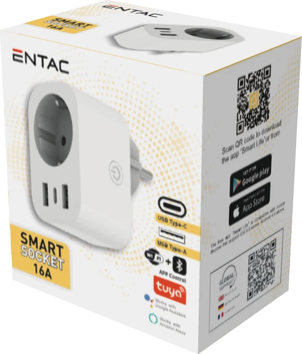 Entac Smart Einzelsteckdosenadapter weiß, 1x USB-C/2x USB-A, Typ F, Smart-Steckdose