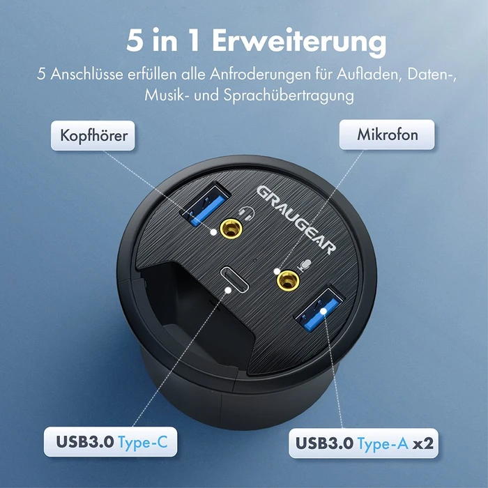 Graugear G-THUB-AU-60 Tisch HUB mit Audioanschlüssen, USB-A 3.0 [Stecker]